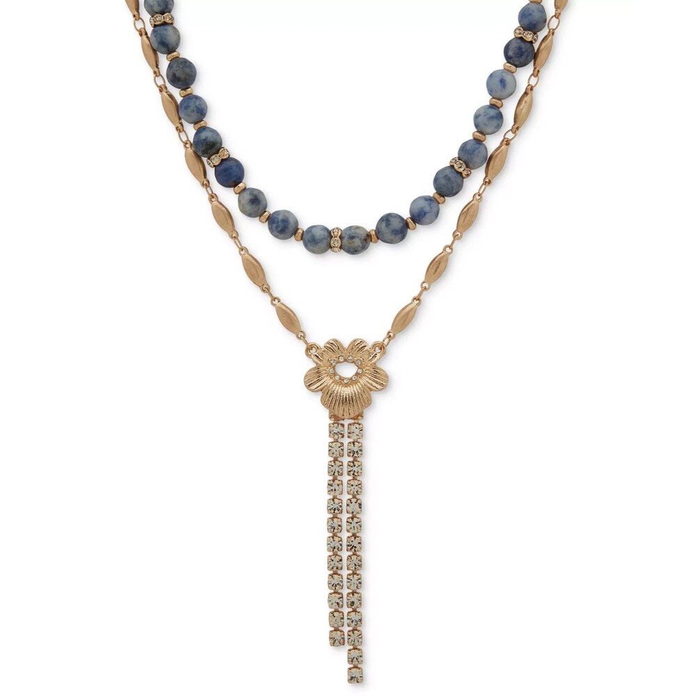Lonna & Lilly Gold Tone Beaded Two Row Lariat Necklace 16” + 3" Extender Floral